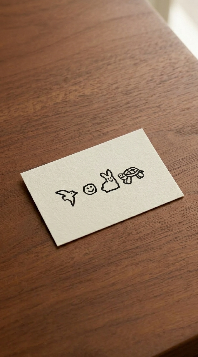 A piece of paper on a wooden surface with four simple black line drawings of an orca, a smiley face, a rabbit, and a turtle.