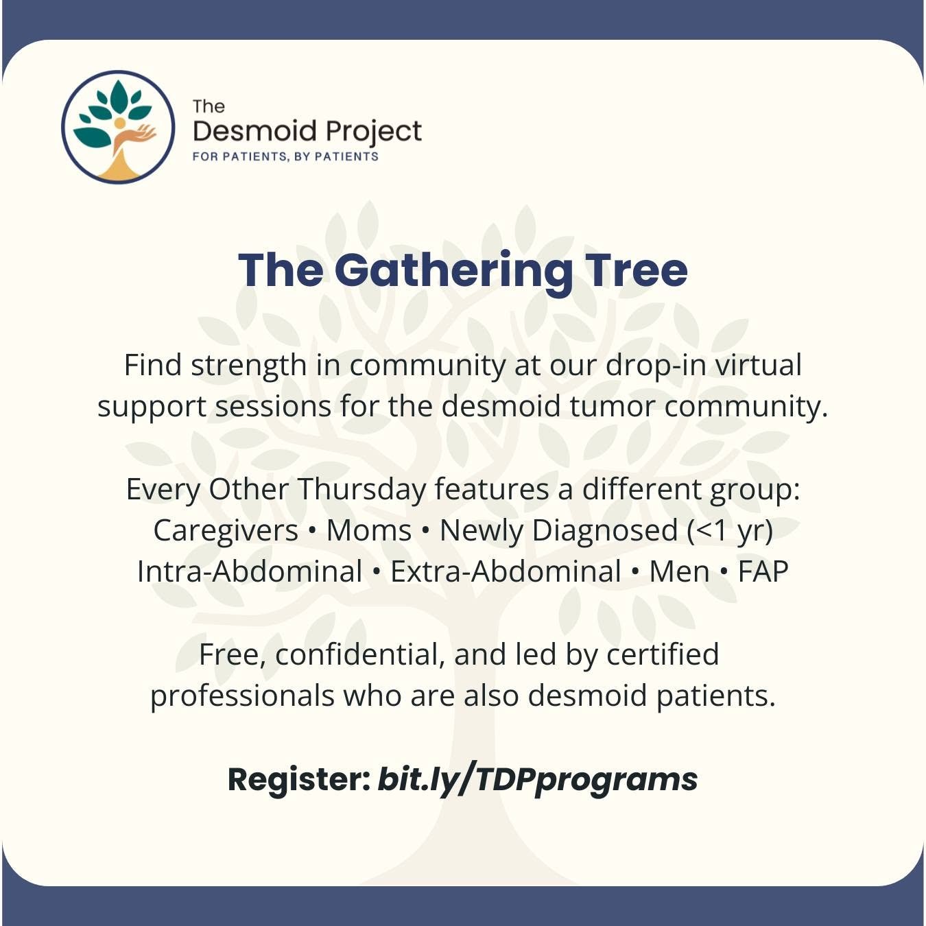 Flyer for The Desmoid Project featuring support group information. Includes logo with a tree and hand, and text about drop-in virtual support sessions for the desmoid tumor community, including groups for caregivers, moms, newly diagnosed, intra-abdominal, extra-abdominal, men, and FAP. Mentions that sessions are free, confidential, led by professionals who are also desmoid patients, and provides registration link.