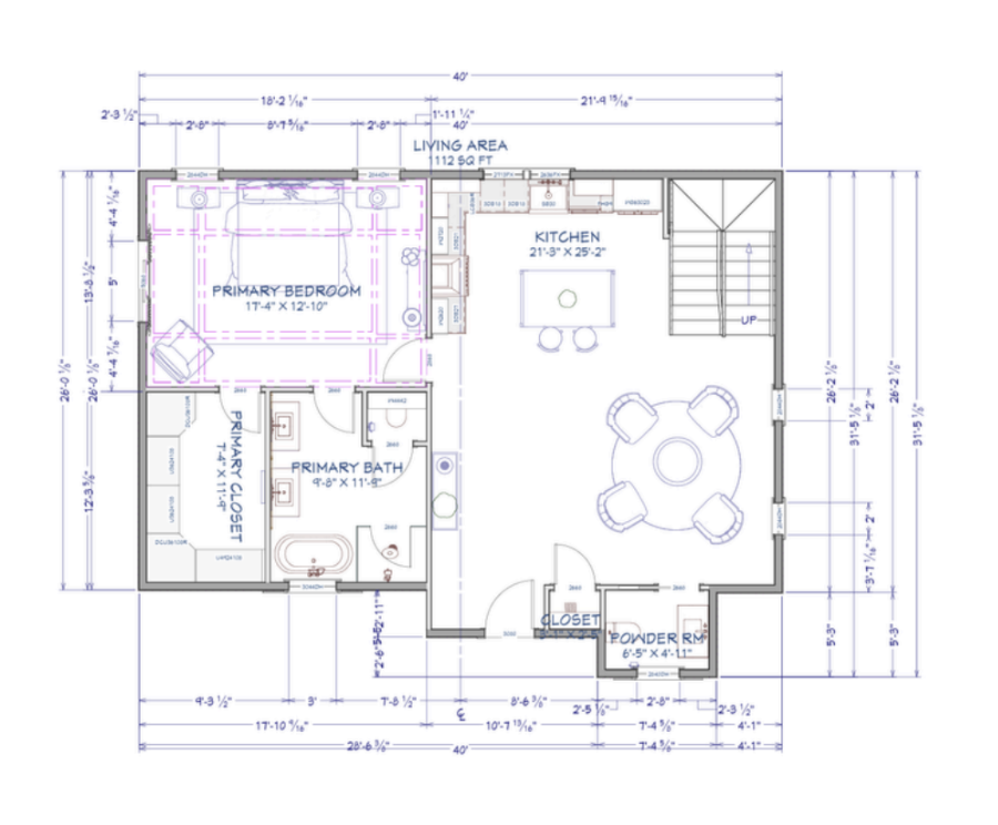 Floor plan of a house showing a primary bedroom, primary bath, kitchen, living area, closet, and powder room with various measurements.