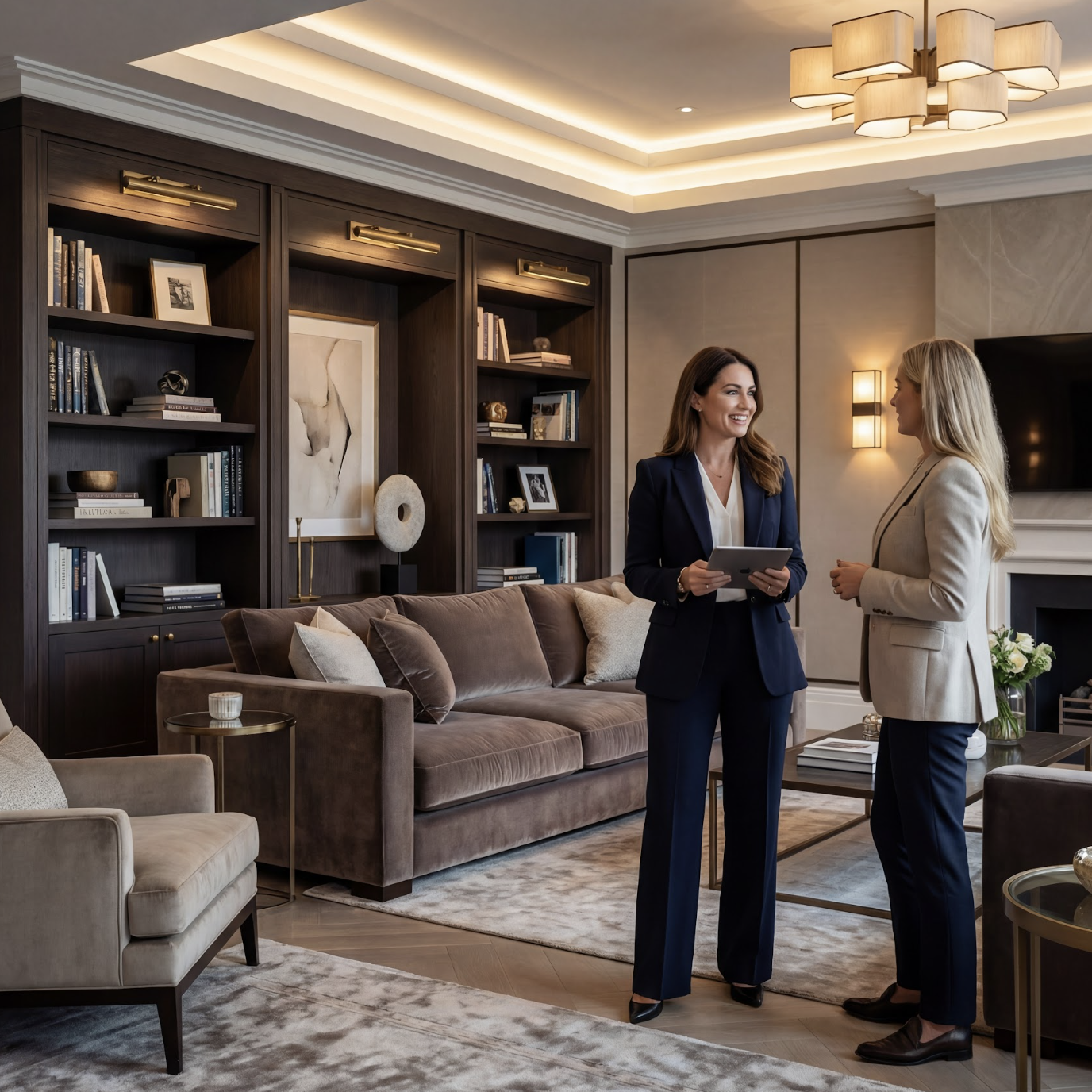 Two women in business formal attire having a conversation in a modern, well-lit living room with dark wood shelves, a brown sofa, and elegant decor.