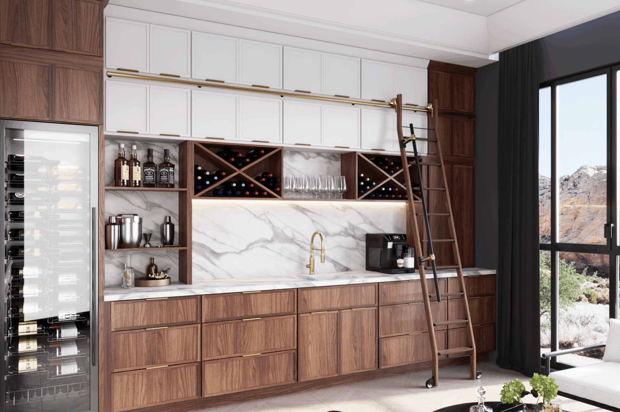 Modern kitchen with white upper cabinets, dark wood lower cabinets, marble backsplash, gold accents, a wine fridge, a small bar area with bottles, glasses, and decorative items, a built-in ladder, a coffee machine, a large window with view of rocks and trees outside.