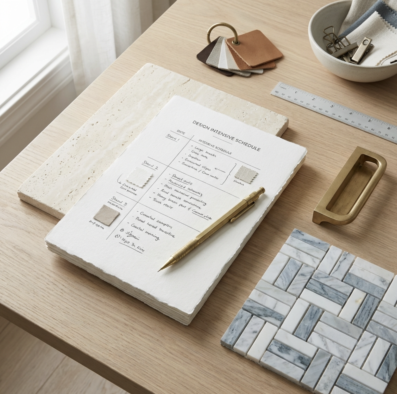 Design workspace with fabric swatches, a tile sample sheet, a paper schedule, and office supplies on a light wood table near a window.