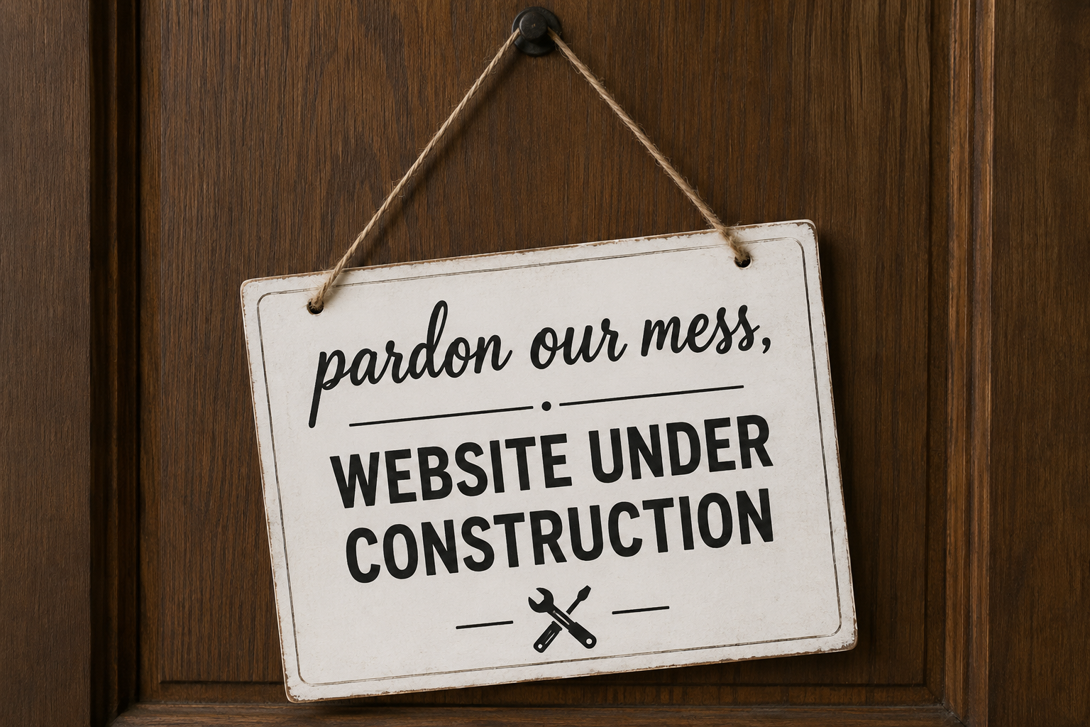 A sign hanging on a wooden door that says, "pardon our mess, WEBSITE UNDER CONSTRUCTION" with a wrench and screwdriver icon at the bottom.