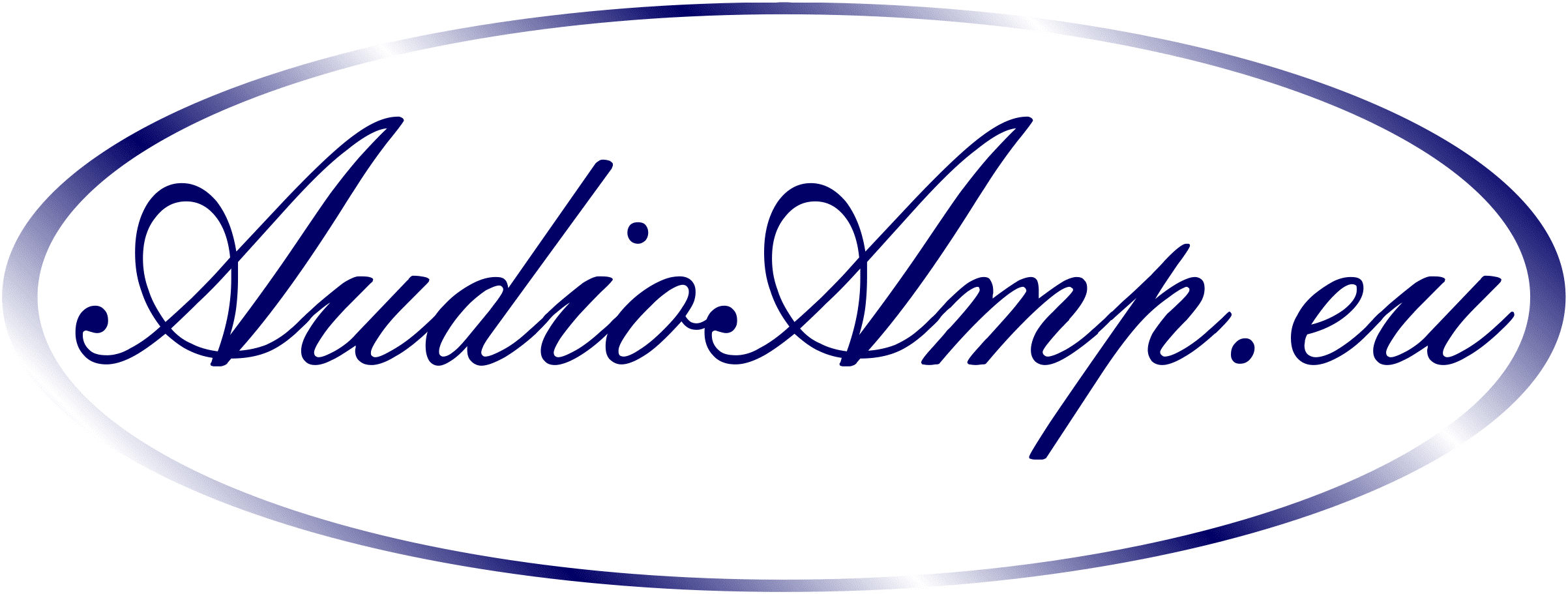 Stylized logo with the text 'AudioAmph.eu' written in navy blue cursive inside an oval shape with a gradient border.