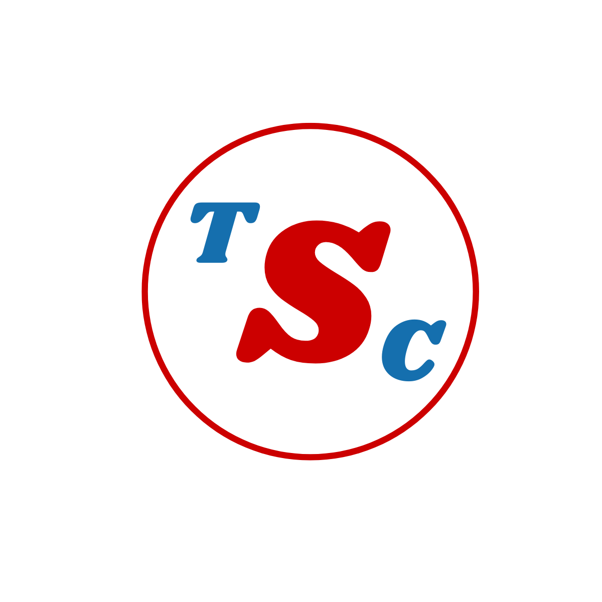 Logo with a red circle outline, containing the red letter 'S' in the center, with the blue letters 'T' and 'C' positioned above and below the 'S' respectively.