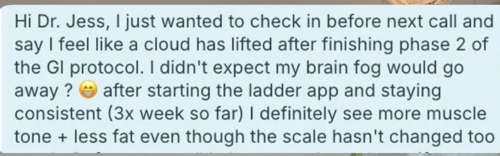 Text message discussing feelings of relief and improved physical health after completing a GI protocol and using a ladder app.