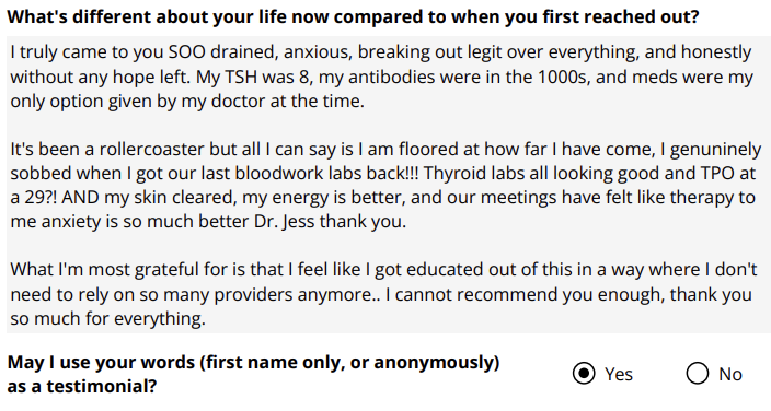 Screenshot of a testimonial form where the person shares their struggles with anxiety and health issues, expressing gratitude for improved well-being and asking for permission to share their story as a testimonial.