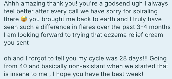 Screenshot of a positive, grateful message expressing thanks and sharing personal health updates.