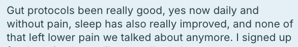 Screenshot of text discussing improvements in gut protocols, sleep, and pain management.