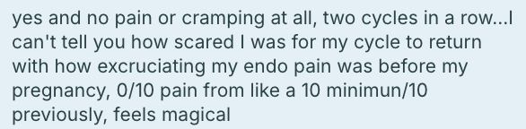Text describing a woman's experience with menstrual cycles and pregnancy pain.
