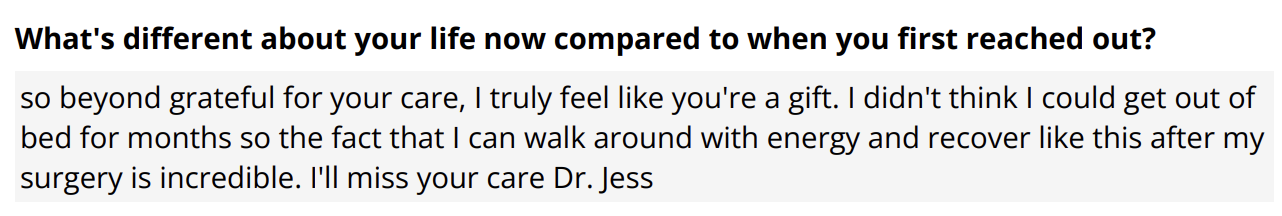 A message expressing gratitude and admiration for healthcare workers, highlighting the author's improved recovery after surgery and appreciation for Dr. Jess.