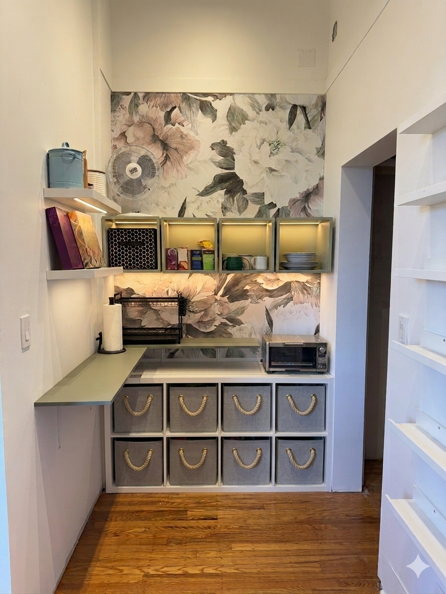 Small kitchen area with floral wallpaper, open shelves with books and dishes, a microwave, a toaster oven, and storage boxes with rope handles, hardwood floor.