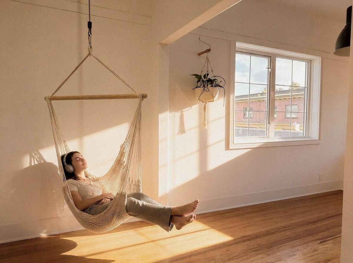 A woman relaxing in a hammock chair inside a room with sunlight coming through a window.