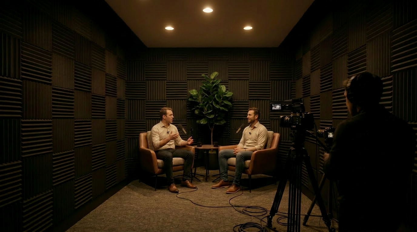 Two men are in a recording studio with black soundproofing foam walls, sitting in armchairs facing each other, engaged in a conversation, with a cameraman filming them.