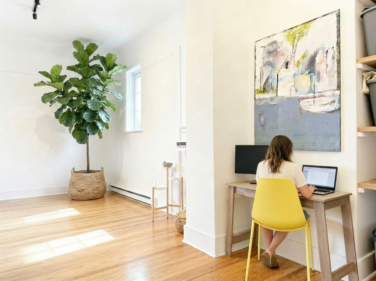 A woman is working at a wooden desk in a bright room with a large potted fiddle leaf fig plant, white walls, hardwood floors, and abstract artwork hanging on the wall.