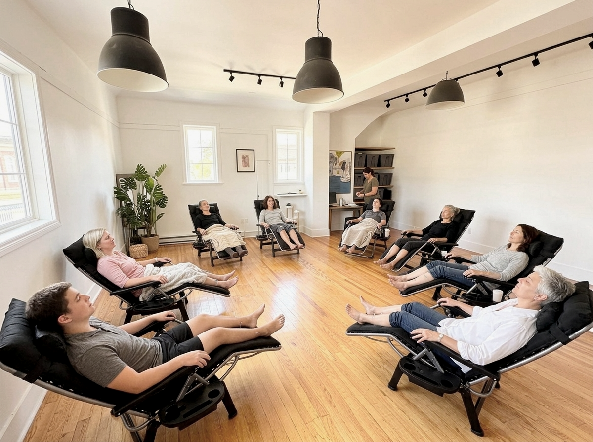 A group of people sitting in reclining chairs in a spacious, well-lit room with wooden floors, large windows, and minimal decor, possibly in a meditation or relaxation class.