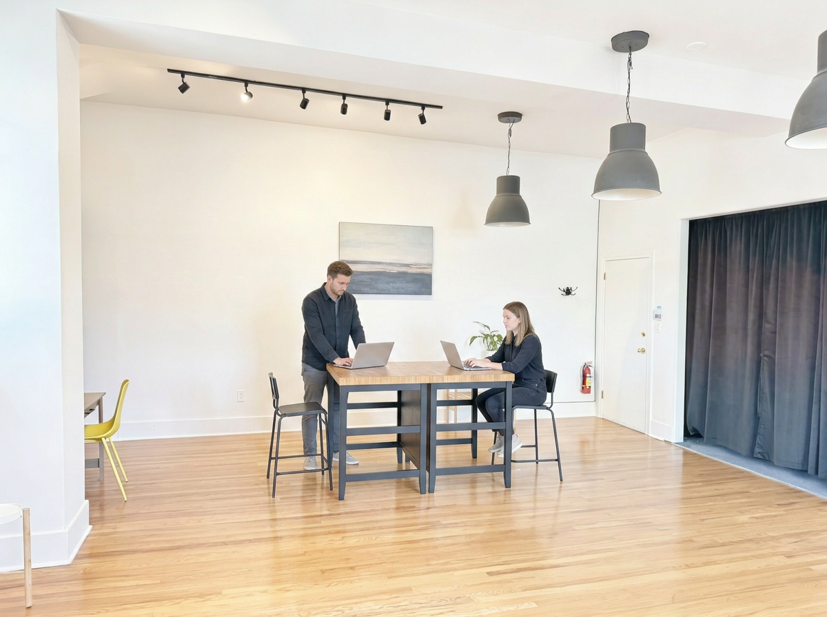Two people working on laptops at a high table in a spacious, modern room with wooden floors, black chairs, gray pendant lighting, and minimal decor.