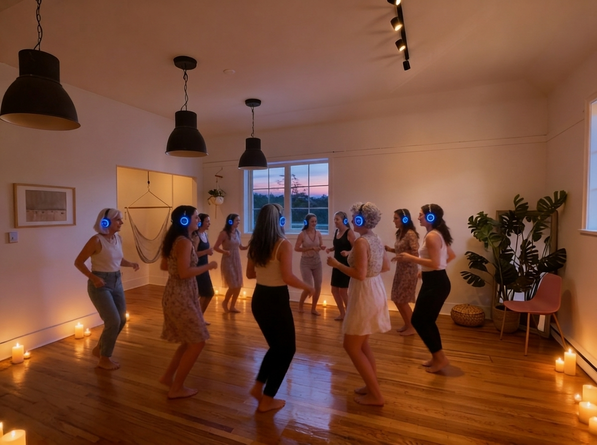 A group of women wearing headphones dance and enjoy music in a brightly lit room decorated with candles and plants, with a sunset visible through the window.
