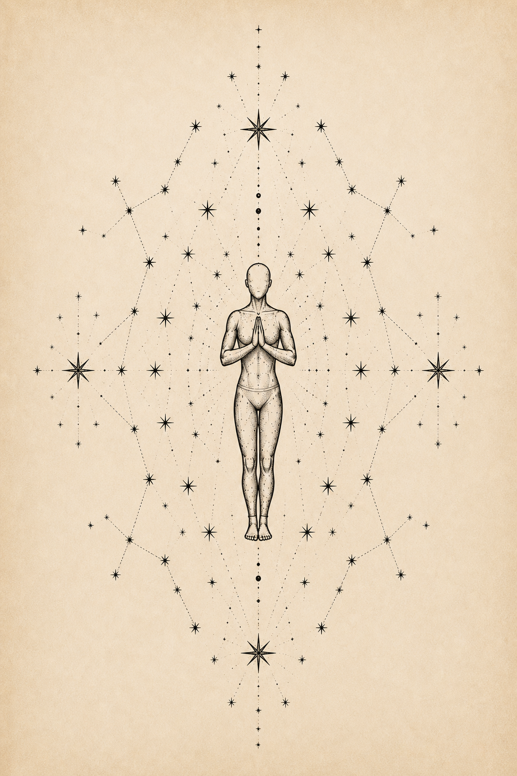 A line drawing of a human figure standing with hands in prayer position, surrounded by a pattern of stars and constellations on a beige background.