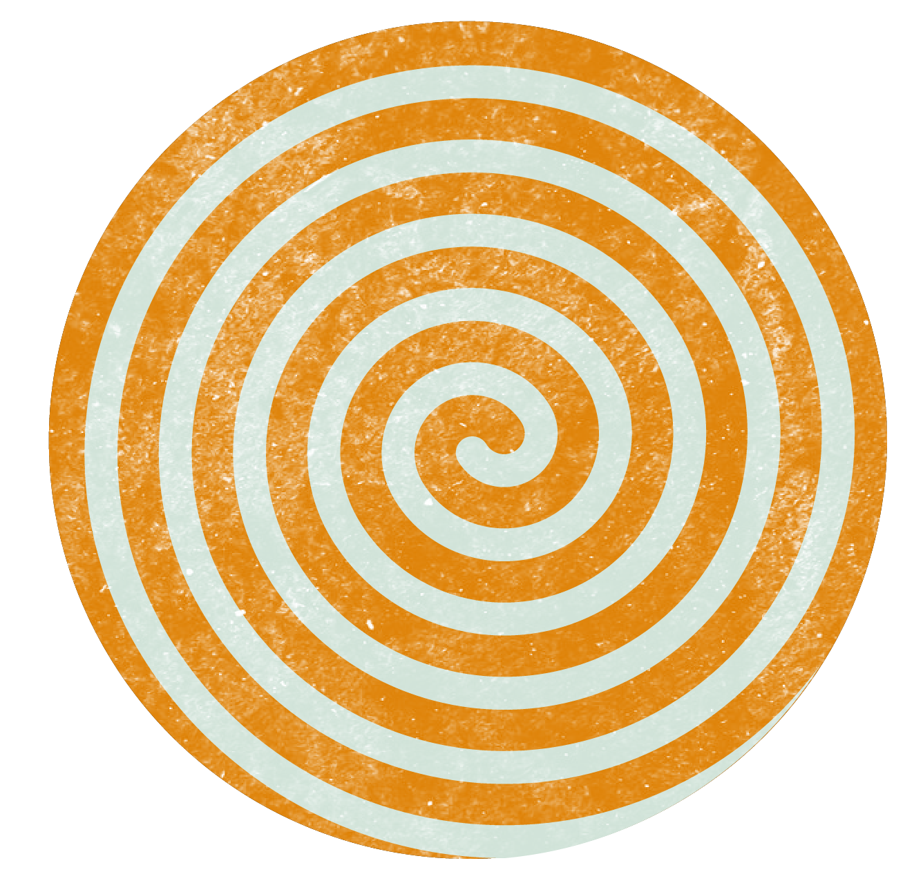 A close-up of a round orange and white spiral lollipop with a textured surface.
