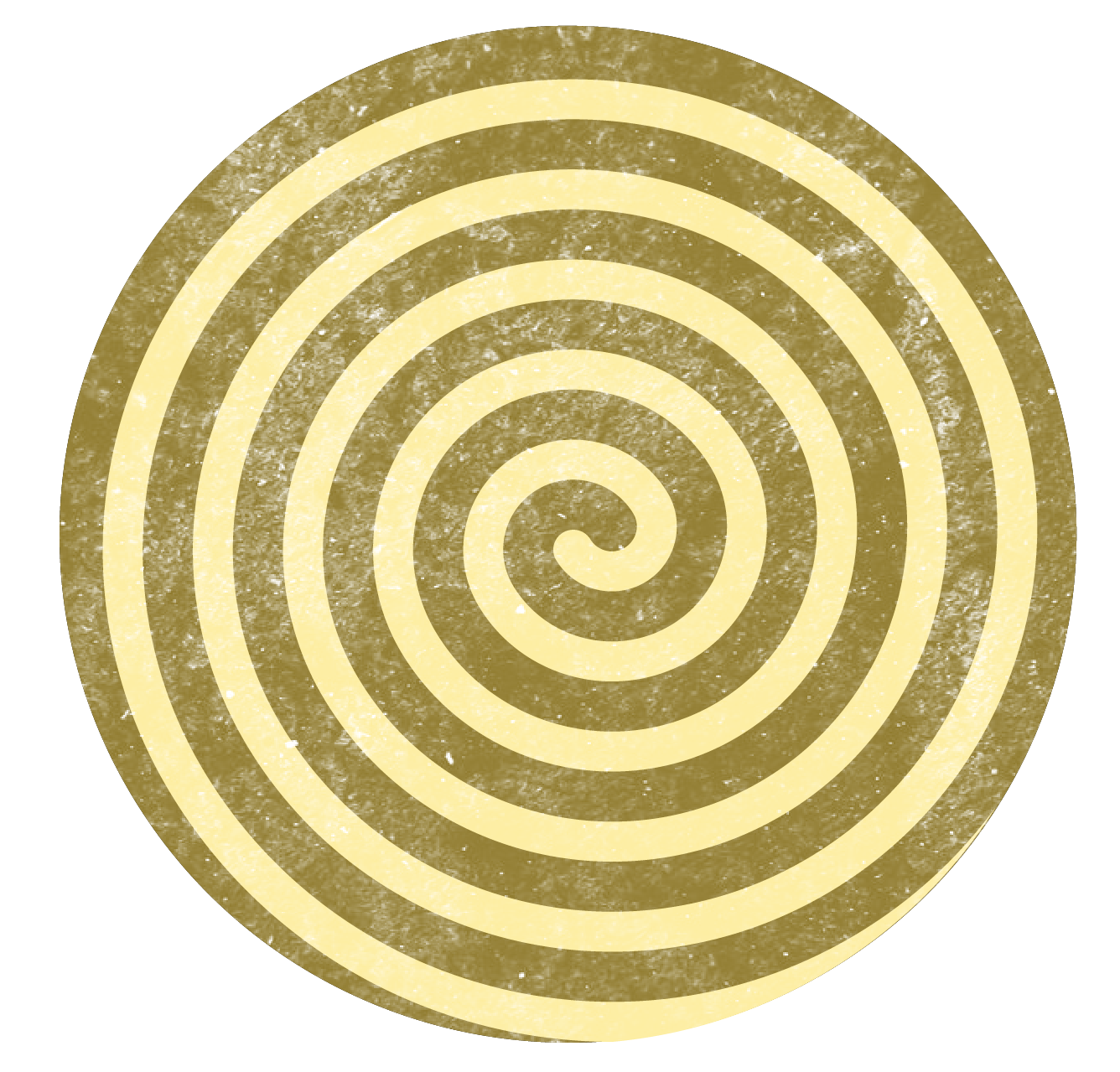 A round, gold-colored spiral design on a black background.