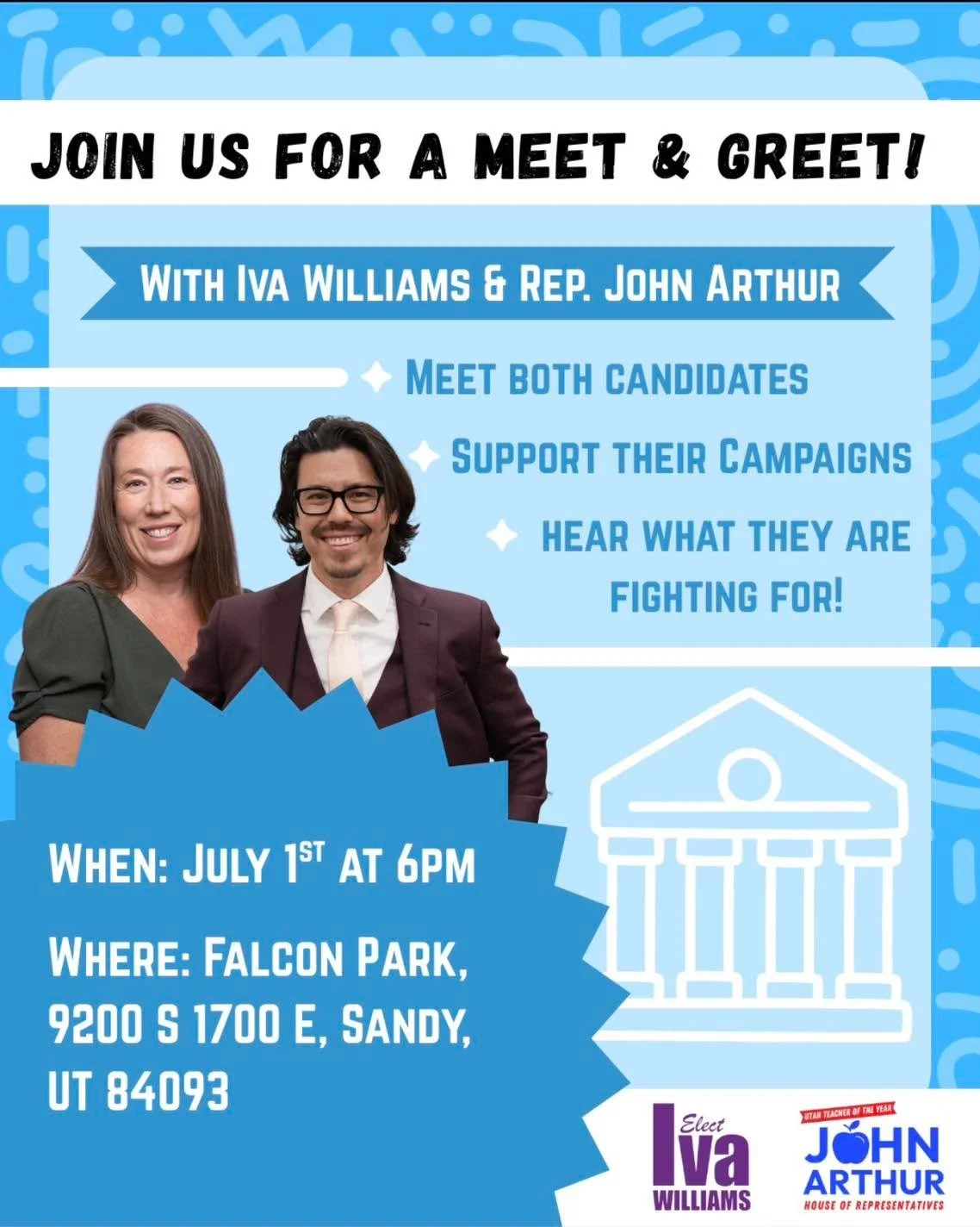 Hey Y&rsquo;all!

Rep. John Arthur and I are hosting a meet and greet at Falcon Park on July 1st. Come drop by to hear about how we can work as a community to better the lives of our neighborhoods and all of Utah! This is a great opportunity to get i