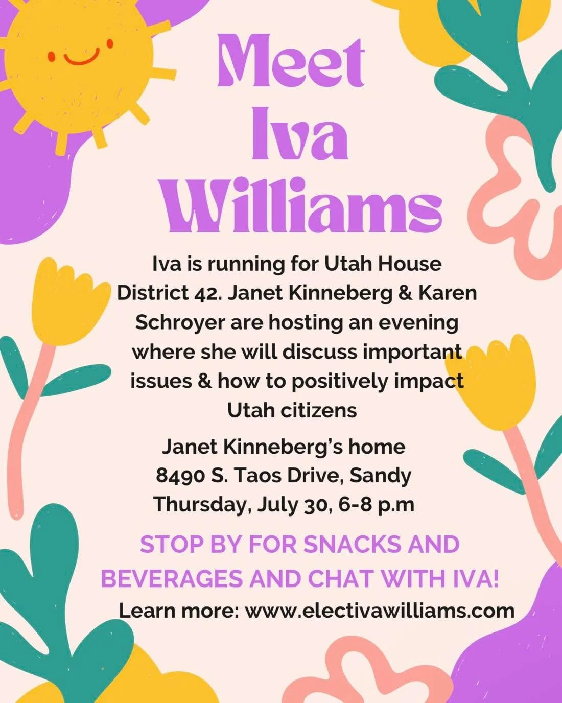 We will be having a cottage meeting, Thursday July 30th from 6p-8p, hosted by HD42 precinct chairs Janet &amp; Karen!

Come visit with me as we discuss the future of Utah politics and share your vision for a better Utah.

#elevtivawilliams #hd42 #uta