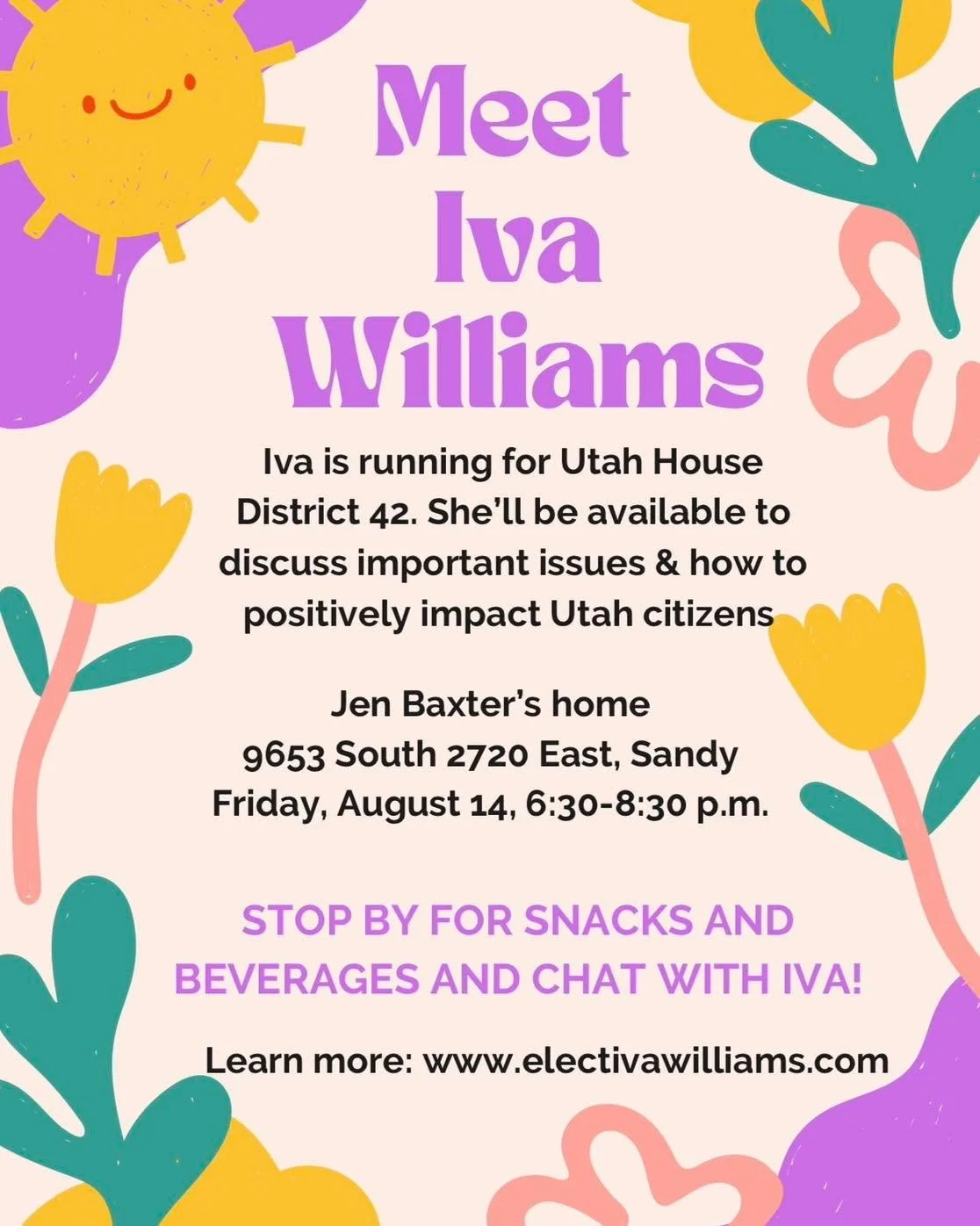 Cottage Meeting Announcement!!
Friday August 14th, 6:30-8:30p

I&rsquo;ve been loving getting to connect with everyone living in my district and can&rsquo;t wait to see y&rsquo;all&rsquo;s again! 

#electiva #communitybuilding #utah #hd42