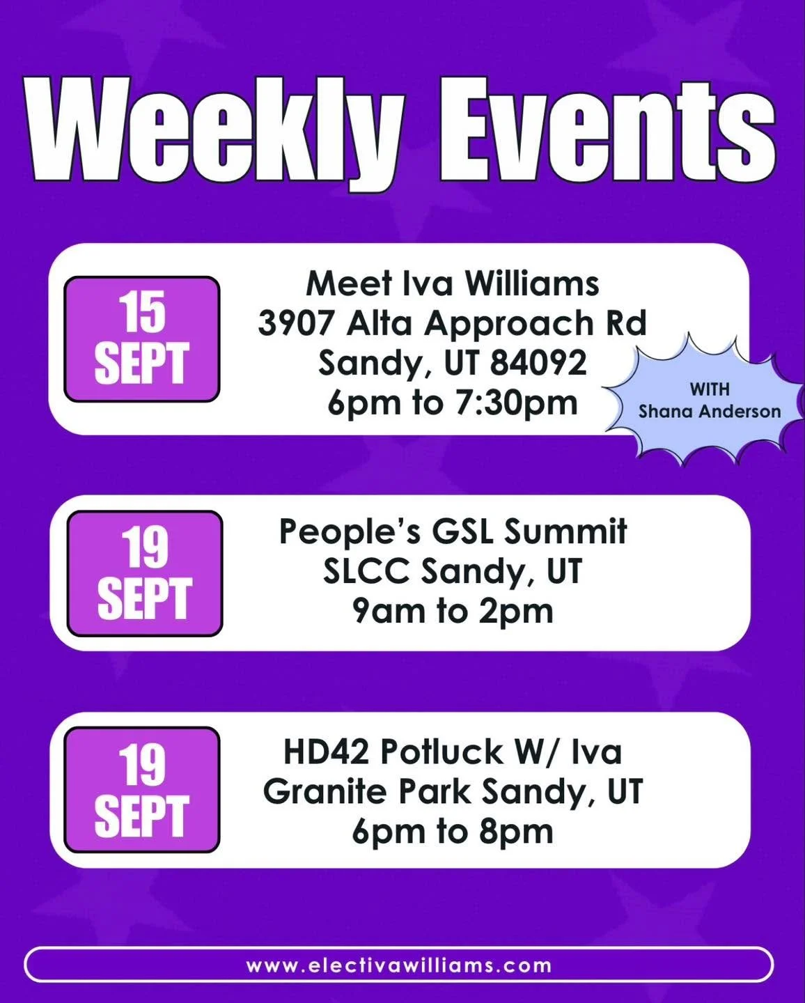 Come take part in this week&rsquo;s events! 
I&rsquo;ve loved getting to know everyone who has come to our meet and greets and am so excited to continue getting to know my neighbors.

For more information on this election please visit
electivawilliam