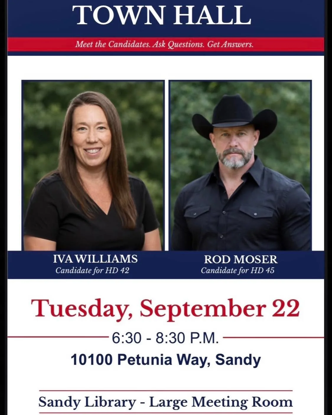 Town Hall, Tuesday September 22nd from 6p-8p at the Sandy Library with Rod Moser!

Come meet Rod and I to talk shop on Utah politics and learn how our community can take the lead in bringing better representation to Utah!

For more information, pleas