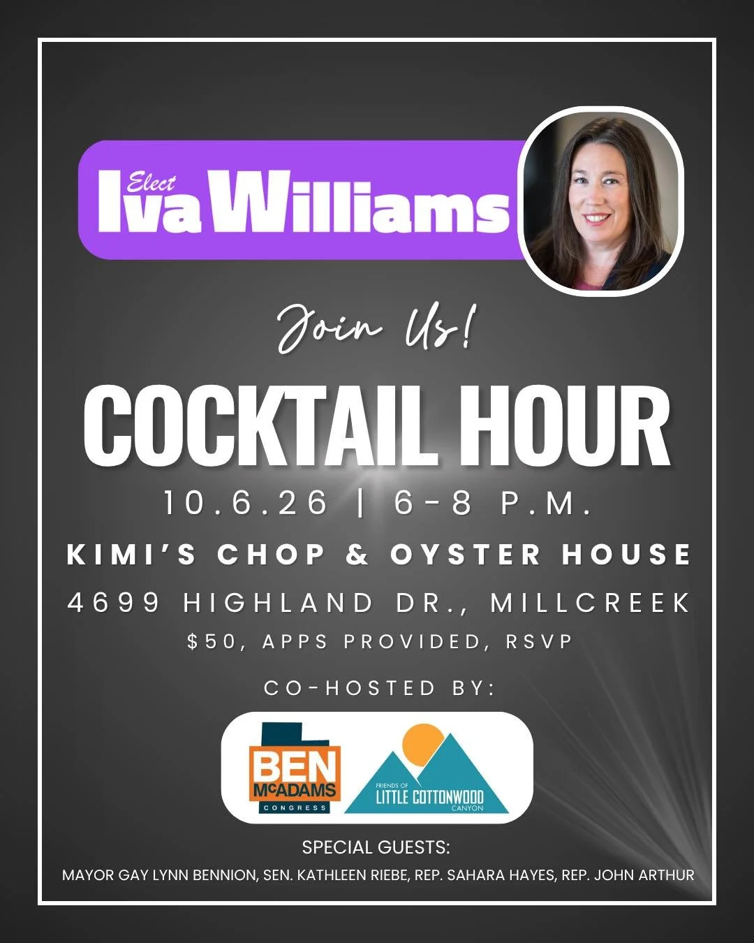 Join us at Kimi&rsquo;s Chop &amp; Oyster House Tuesday October 6th for a fundraiser and Utah leaders get together! 
Can&rsquo;t attend? Use the link below to donate and help bring better representation to the Utah House of Representatives! 

To RSVP