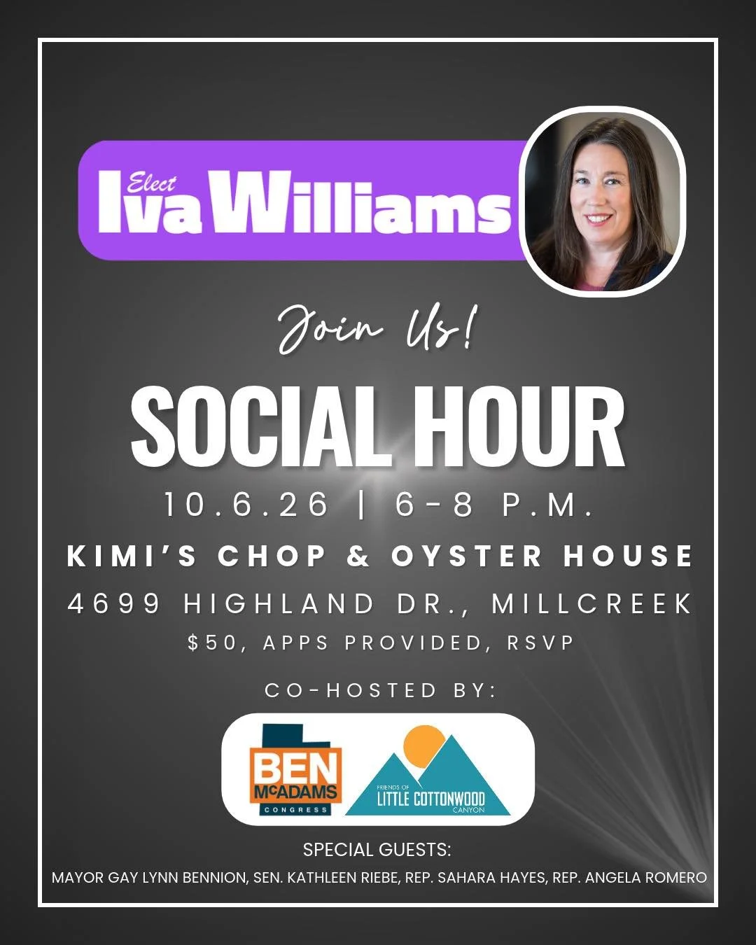 Join us Tuesday October 6th from 6-8p at Kimi&rsquo;s Chop &amp; Oyster House for a gathering of Utah leaders and discussion on people centered politics. 

Can&rsquo;t make it? Consider donating to help bring HD42 better representation on the Hill at