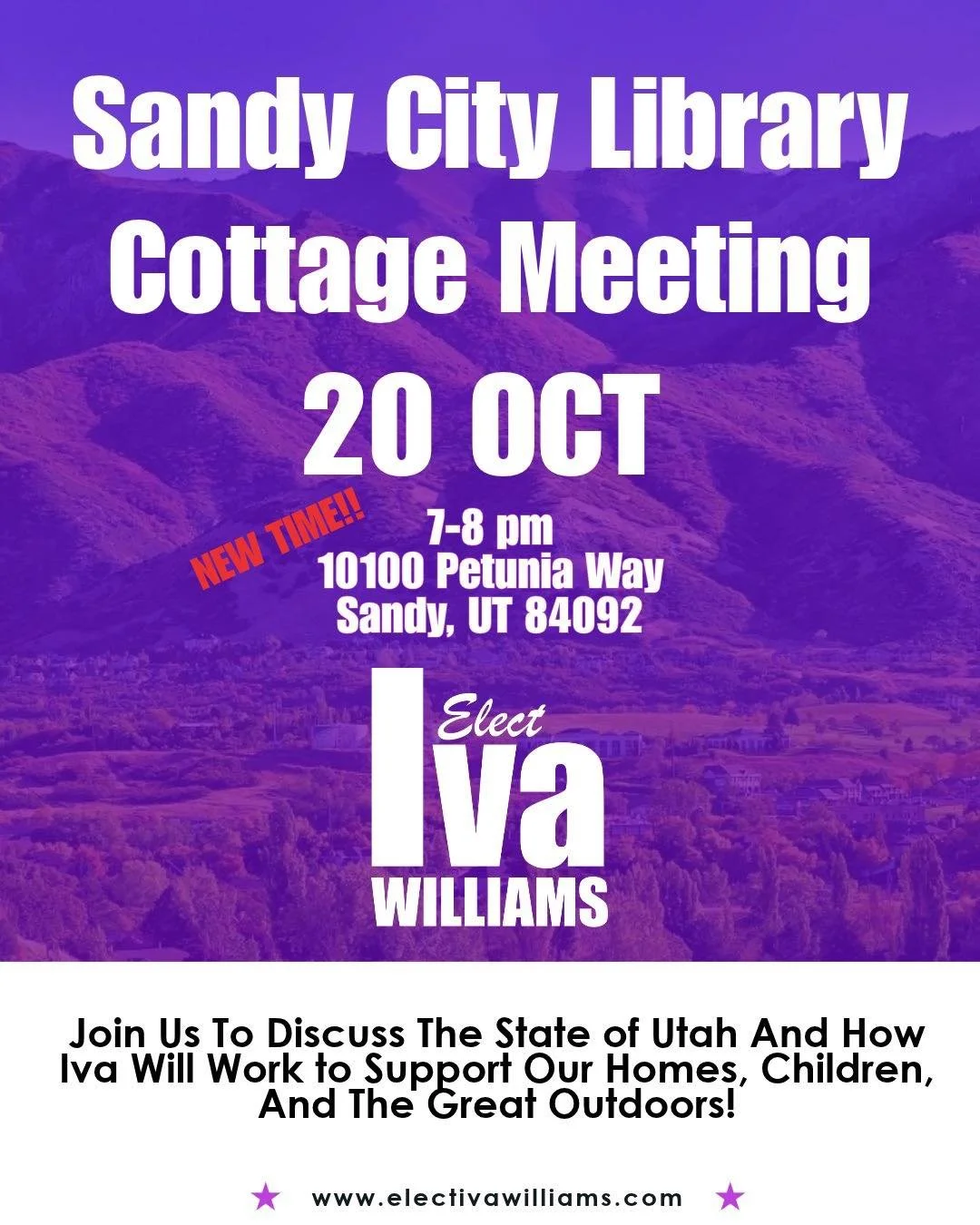 Tomorrow at the Sandy City Library! 

Please share with your friends and family to come discuss how we can work to support working families, senior citizens, and our recreational spaces!

For more information please visit,
www.electivawilliams.com

#