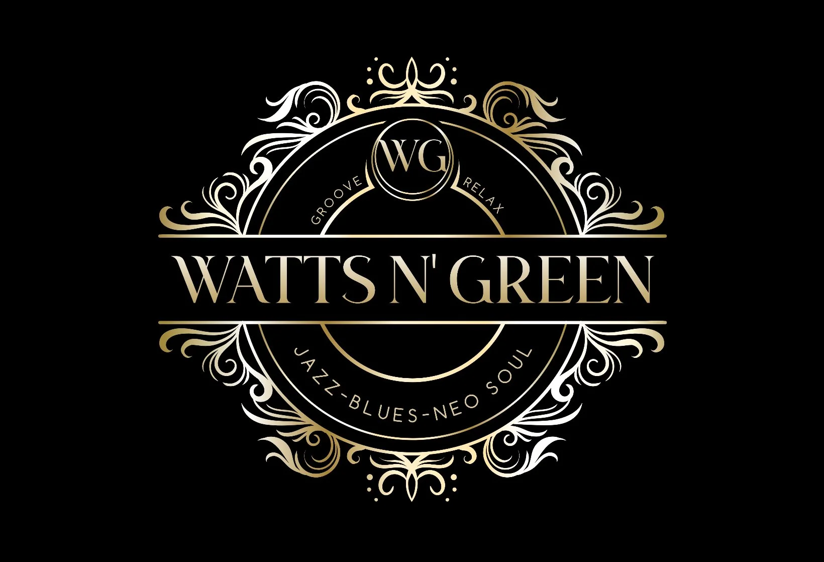 A black background with a decorative gold and white ornate design. The text reads: "WATTS N GREEN" in large letters across the center, with smaller text around the design reading "GROOVE RELAX JAZZ-BLUES-NEO SOUL." The circle above contains the initials "WG".
