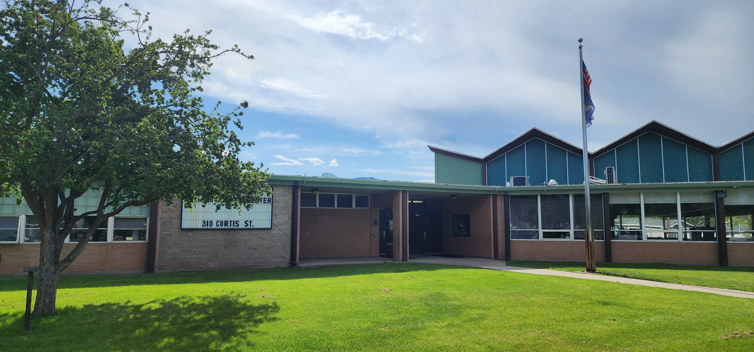 A school building with brick siding and large windows, a green lawn in the foreground, a tree on the left side, an American flag on a pole, and a partly cloudy sky.