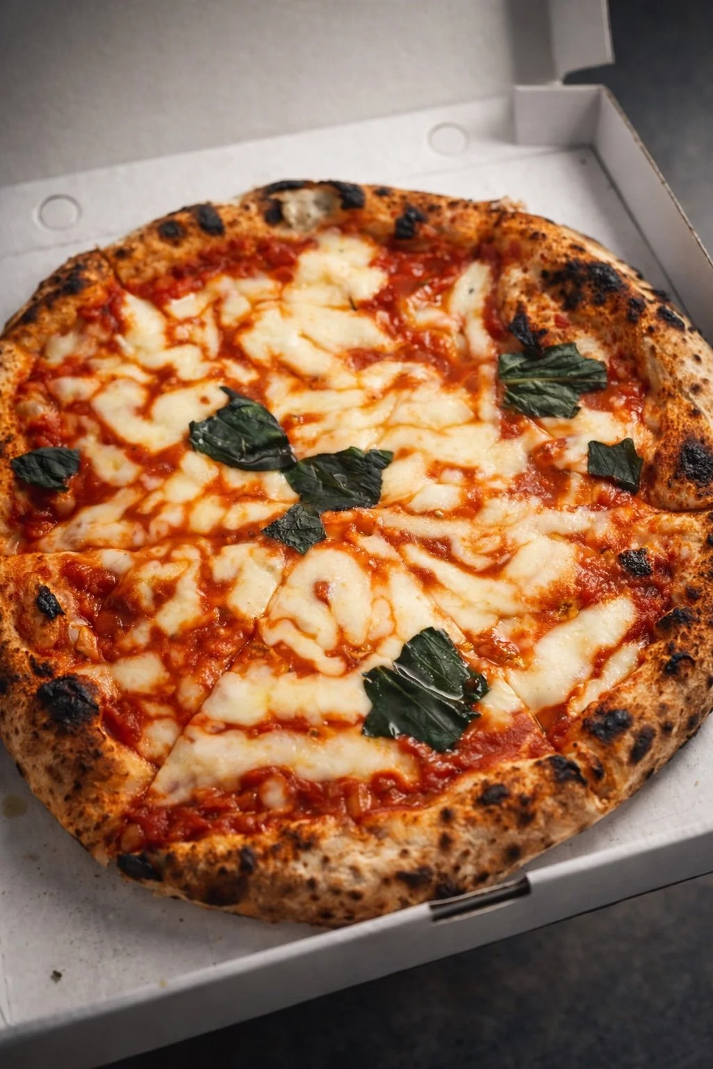 Pizza margherita con mozzarella, pomodoro e basilico in una scatola di cartone.