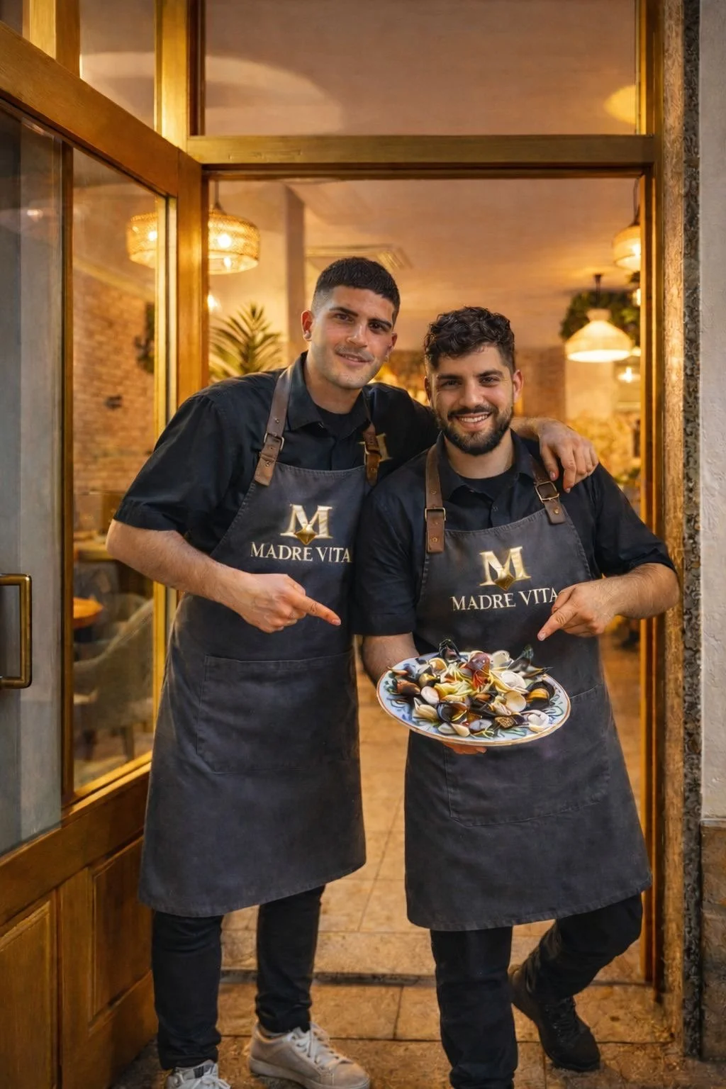 Due giovani chef sorridenti indossano grembiuli con il logo Madre Vita, uno di loro tiene un piatto con molluschi e il altro indica il piatto, in un ristorante accogliente.