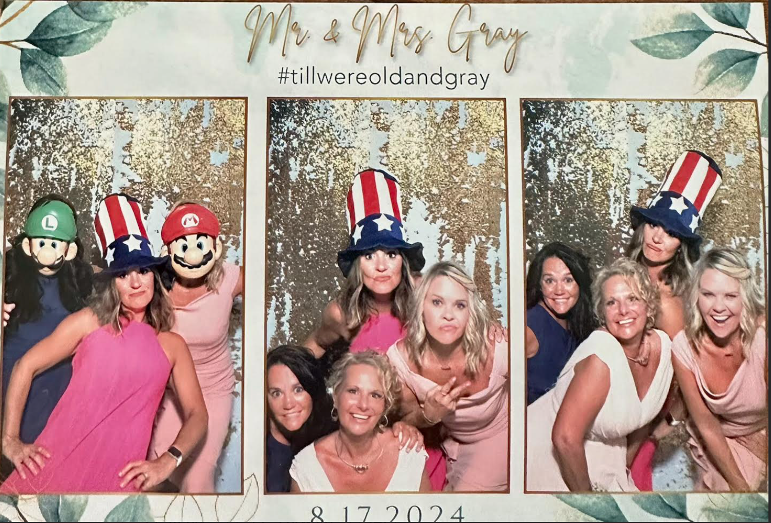 Group photo booth strip with three sections, featuring women at a celebration. They wear patriotic-themed hats and costumes, including Uncle Sam hat and Mario hats, with a decorative backdrop and date 8/17/2024.