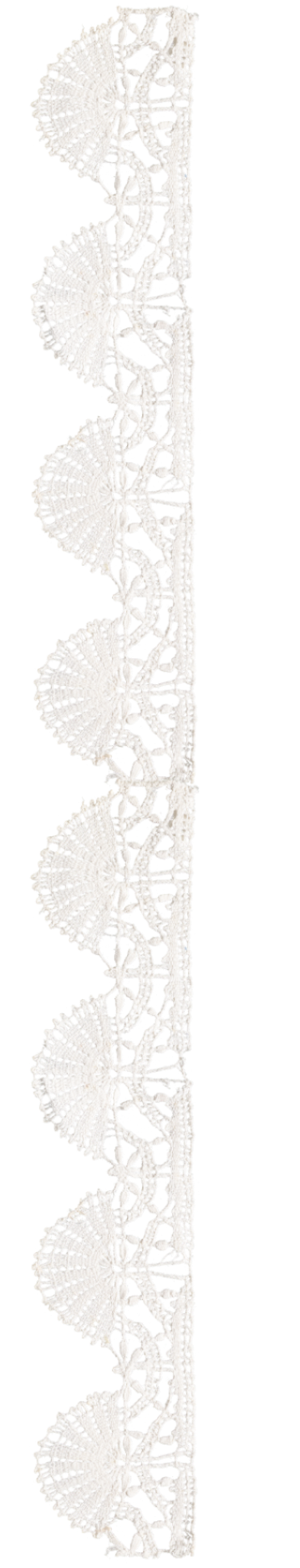 A white lace trim with a floral pattern and scalloped edges, set against a black background.