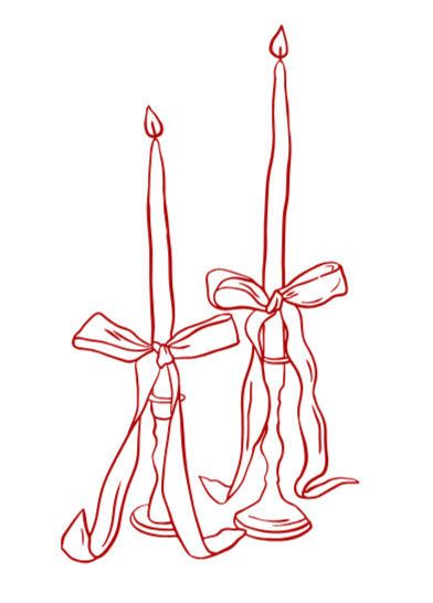 Two red candle drawings with bows on a black background.