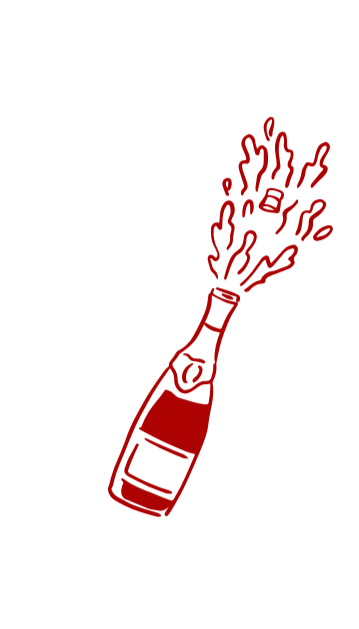 A drawing of a champagne bottle popping with bubbles and foam spraying out.