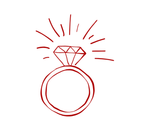 A line drawing of an engagement ring with a large diamond, surrounded by rays of light, on a black background.