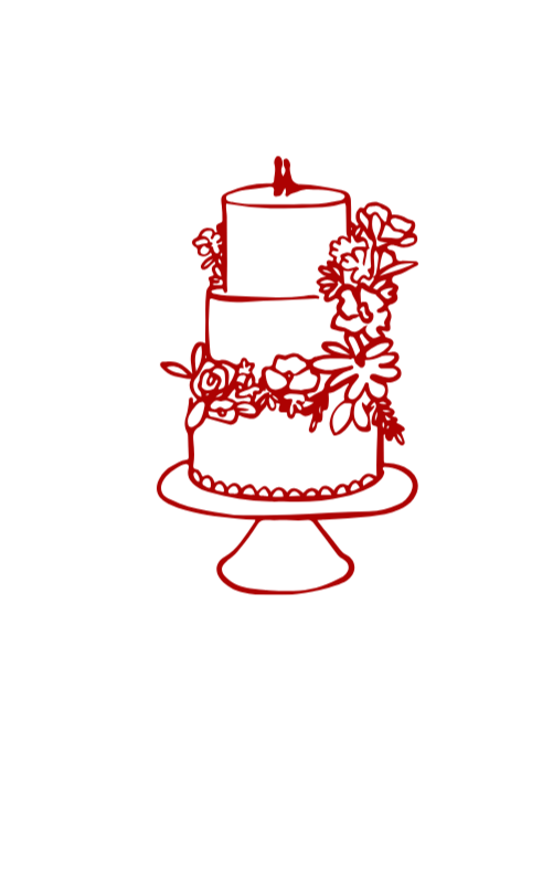 Outline drawing of a layered cake on a cake stand with flowers and leaves decoration.