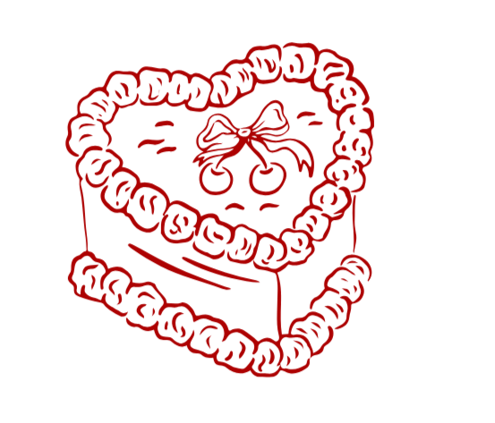 A heart-shaped box of chocolates with a face, nose, and mouth, outlined in red, with a string or chain draped over it.