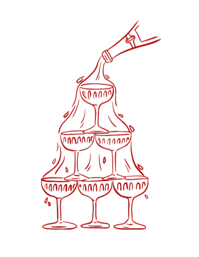 A red line drawing of a champagne bottle pouring into a three-tiered champagne tower with glasses.