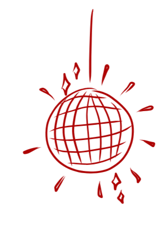 A red line drawing of a disco ball with rays emanating from it, representing a party or celebration vibe.