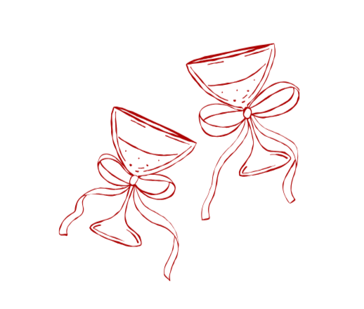 Two wine glasses with bows, sketched in red on a black background.
