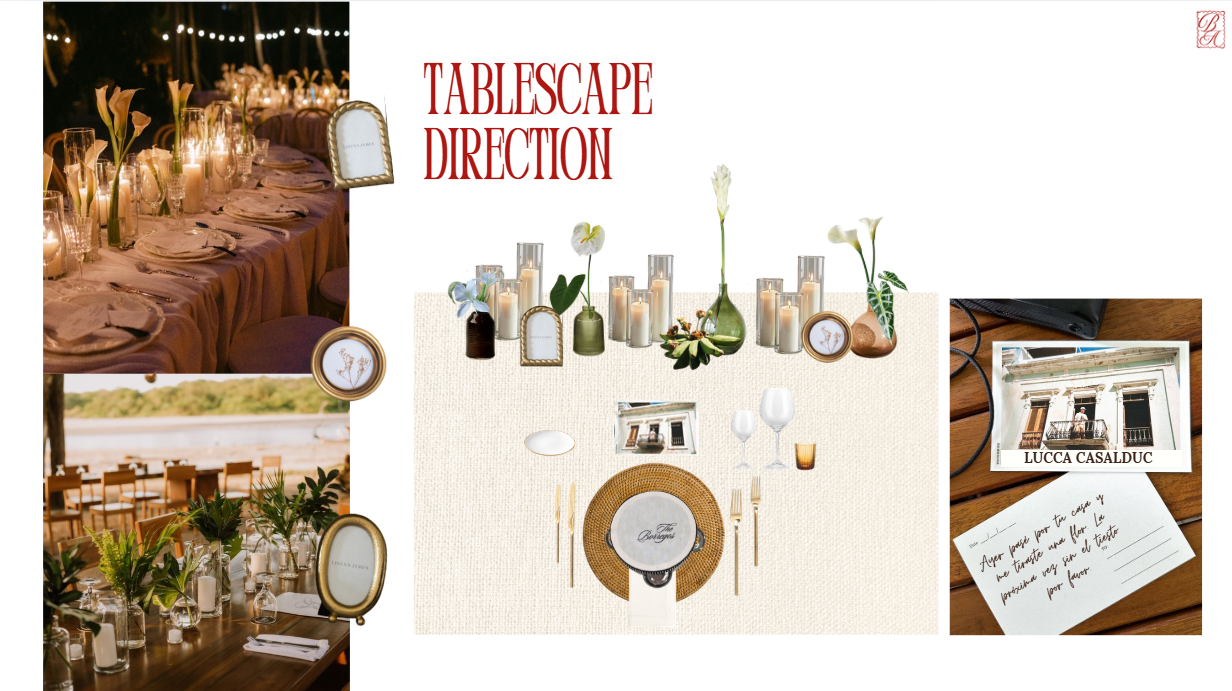 A collage of images and illustrations showing a table setting, floral arrangements, candles, a scenic outdoor seating area, photos of a building, and a handwritten note, all related to a wedding or event planning.