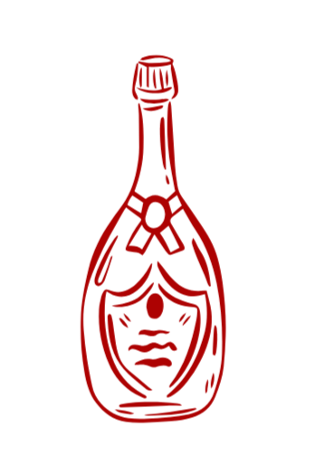 Red line drawing of a champagne bottle with decorative elements.
