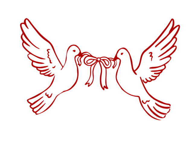 Two red outline doves holding a ribbon with a bow between them, facing each other on a black background.